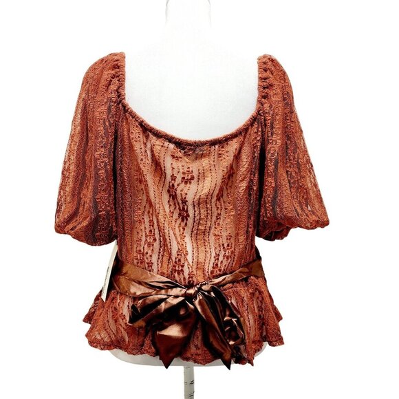 Rust Lace Peplum Blouse With Puff Sleeves & Satin Back-Tie Detail Size L - Picture 4 of 14
